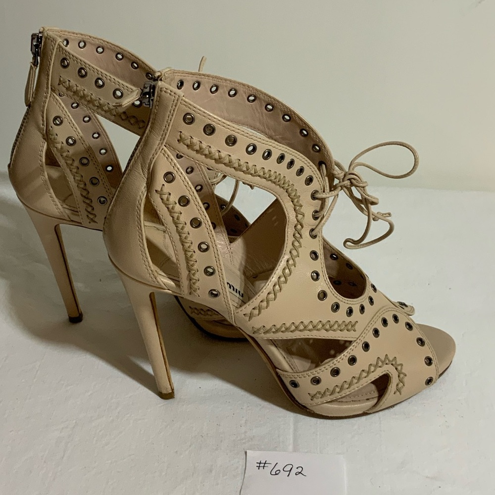 Miu Miu - Cream leather ankle heel with grommet holes and tie at front of ankle